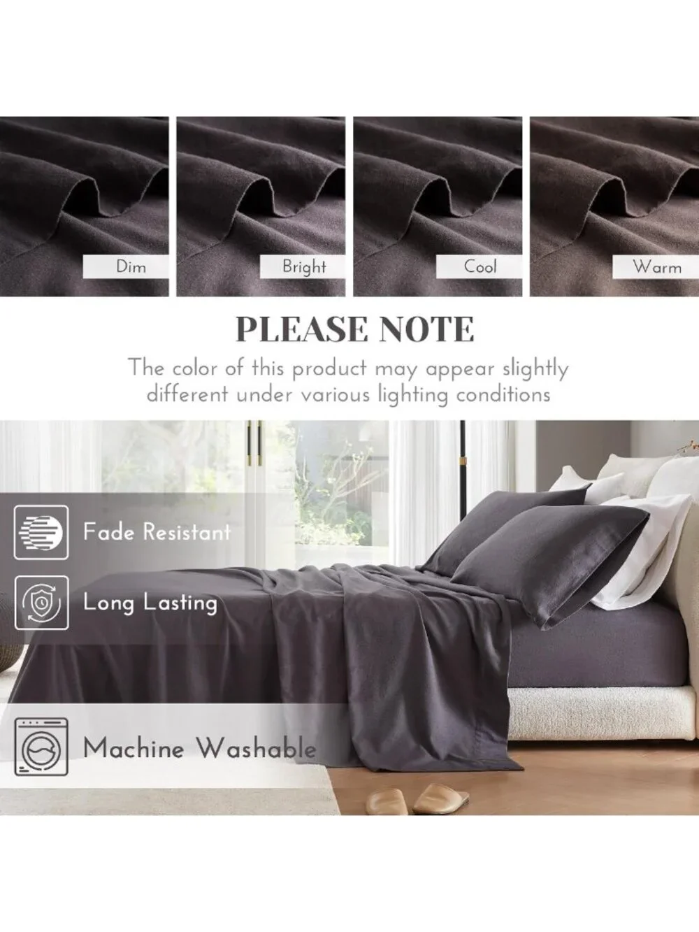 Ultra Soft Cotton Flannel Queen Sheet Set, 4-Piece Dark Grey Bedding, 14